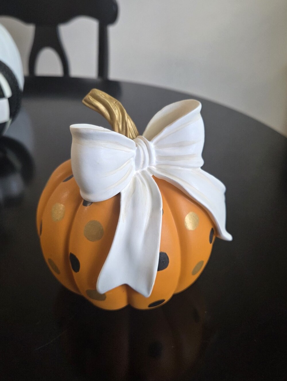 Whimsical Hand Painted Black And Gold Dotted w/ White Bow Pumpkin
